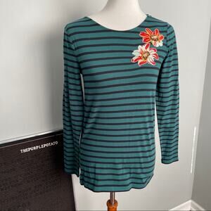 NWT Ann Taylor Factory Green Striped Floral Embroidered Long T-Shirt Size XS